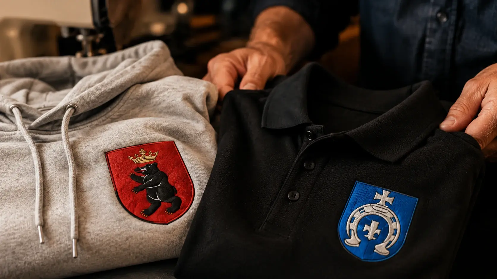 Detal odzieży z herbami na bluzie i polo