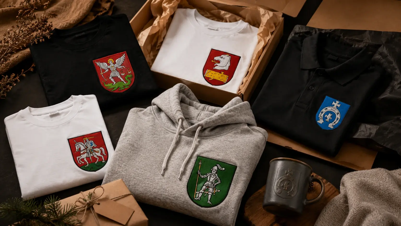 Odzież z herbami przygotowana jako lokalny prezent i pamiątka