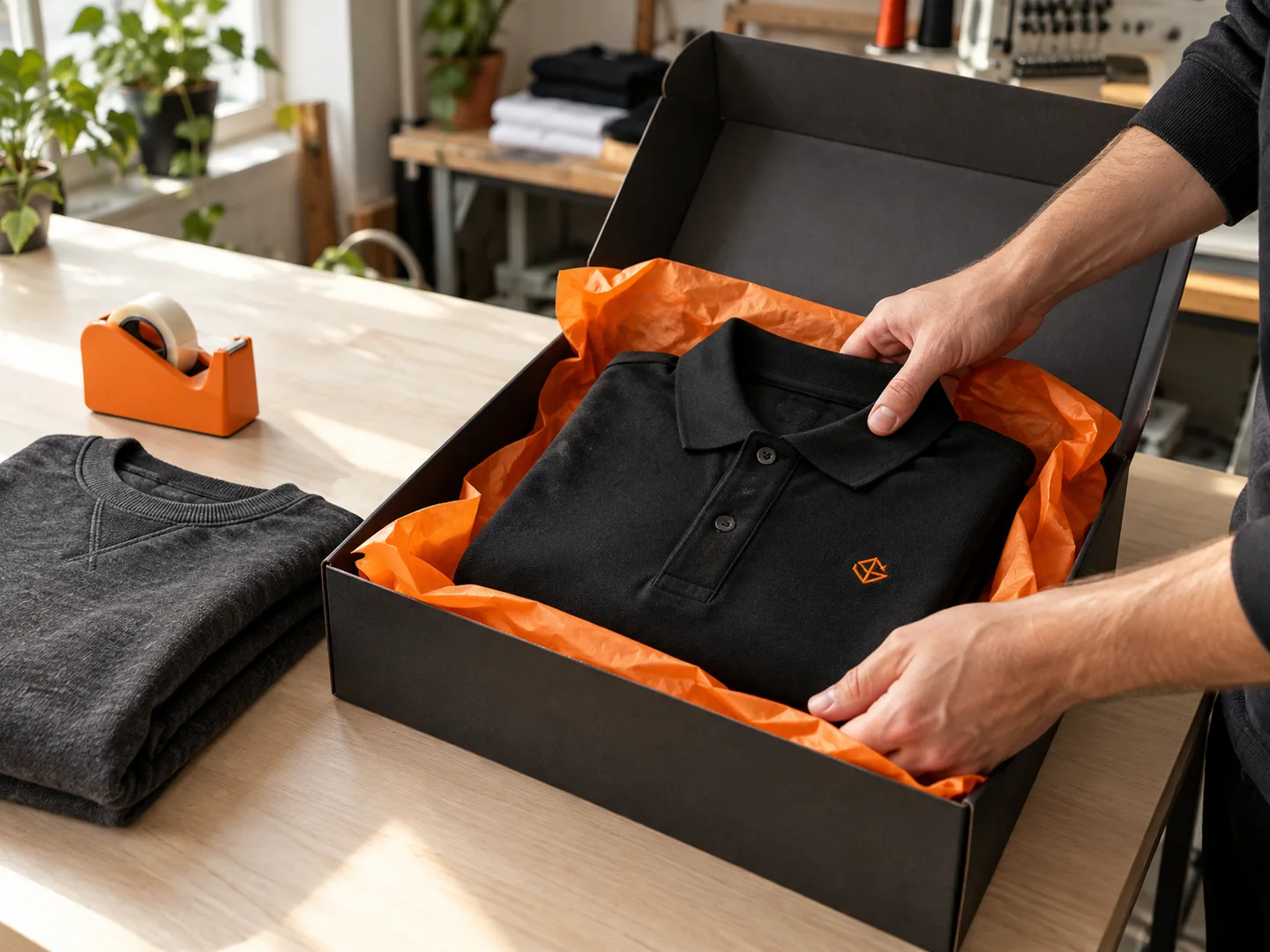 Forhåndsvisning af sort tøj pakket i en kasse med orange tissuepapir