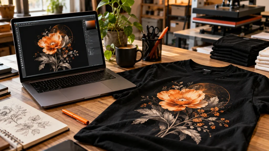 Visualización del diseño gráfico de AI en laptop e impresión a juego en camiseta