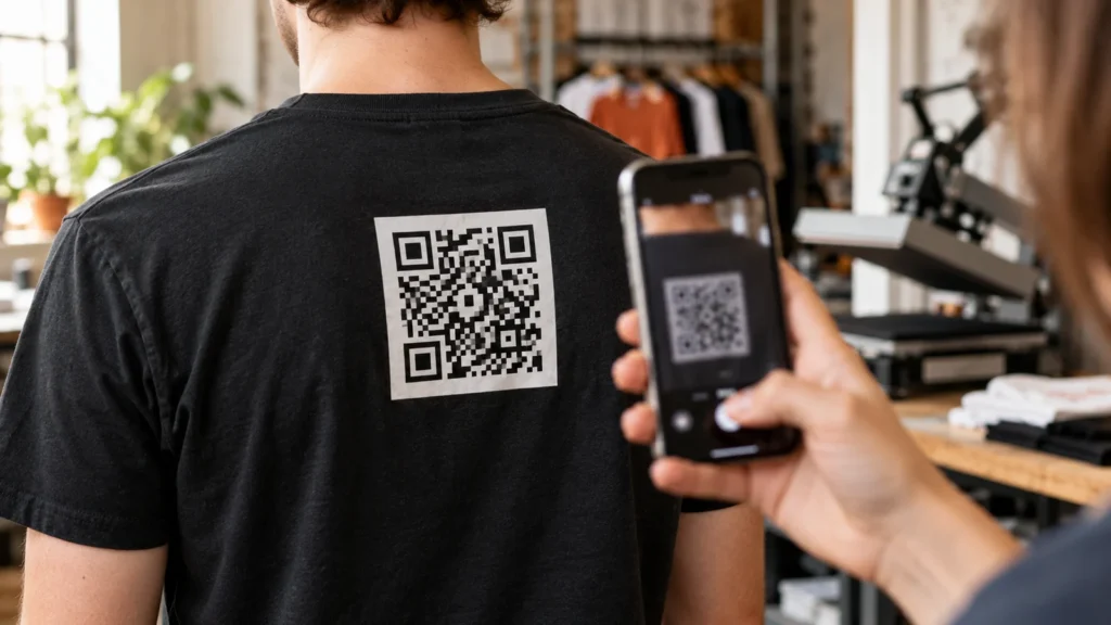 Wizualizacja testowania kodu QR nadrukowanego na plecach koszulki