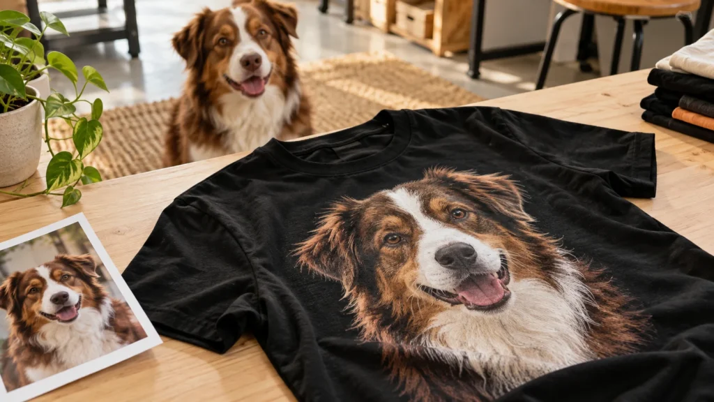 Visualización de la camisa con el retrato del perro junto a su foto