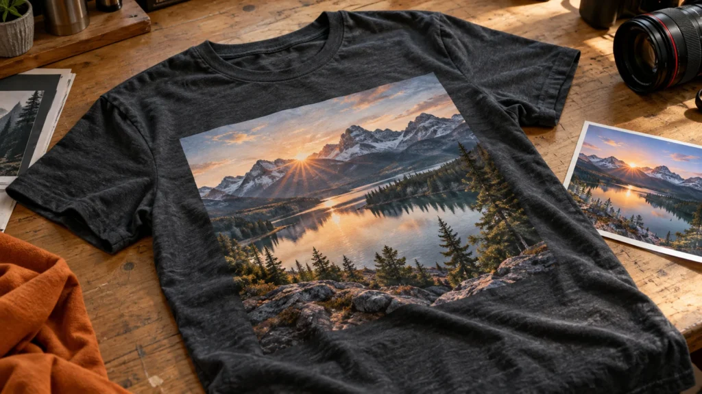 Visualización de fotoimpresión de lago de montaña en camisa de grafito