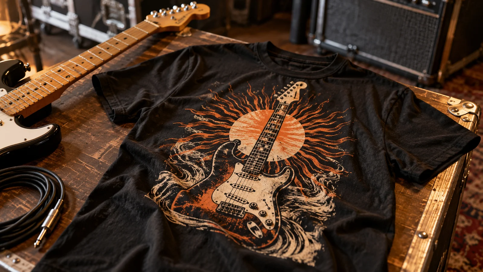 Visualizzazione del concerto T-shirt con grafica chitarra accanto allo strumento