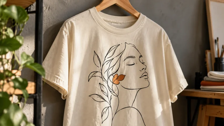 Wizualizacja minimalistycznego nadruku line art na kremowej koszulce