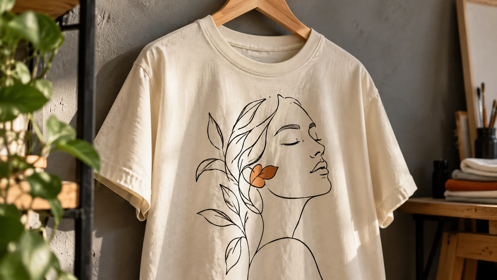Wizualizacja minimalistycznego nadruku line art na kremowej koszulce
