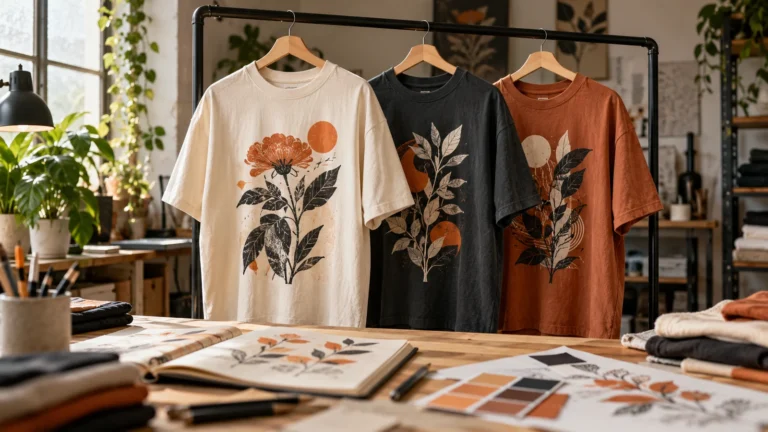 Wizualizacja autorskiej kolekcji koszulek z grafikami botanicznymi