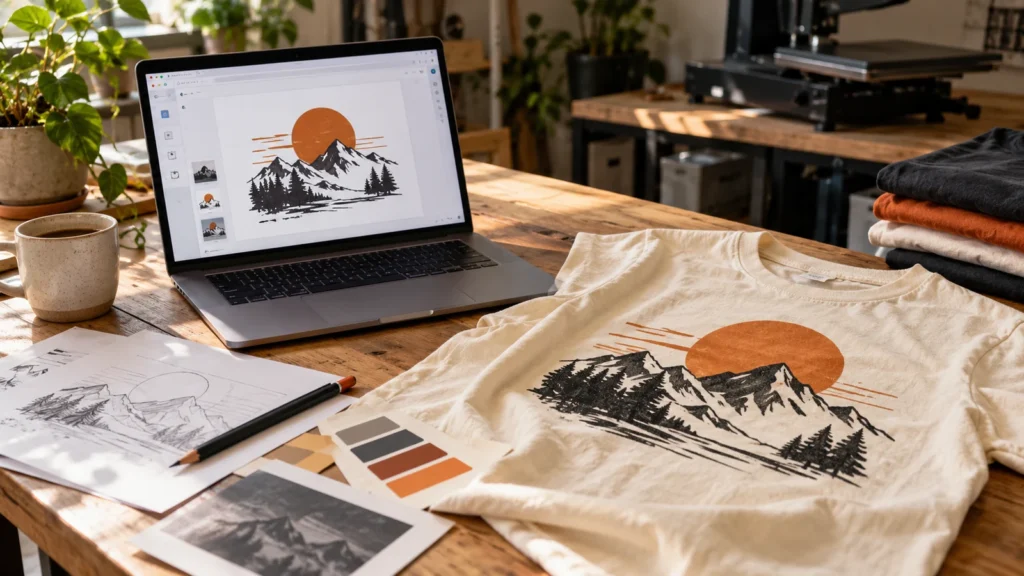 Visualizar la preparación del diseño en el editor en línea y la impresión en camisa brillante